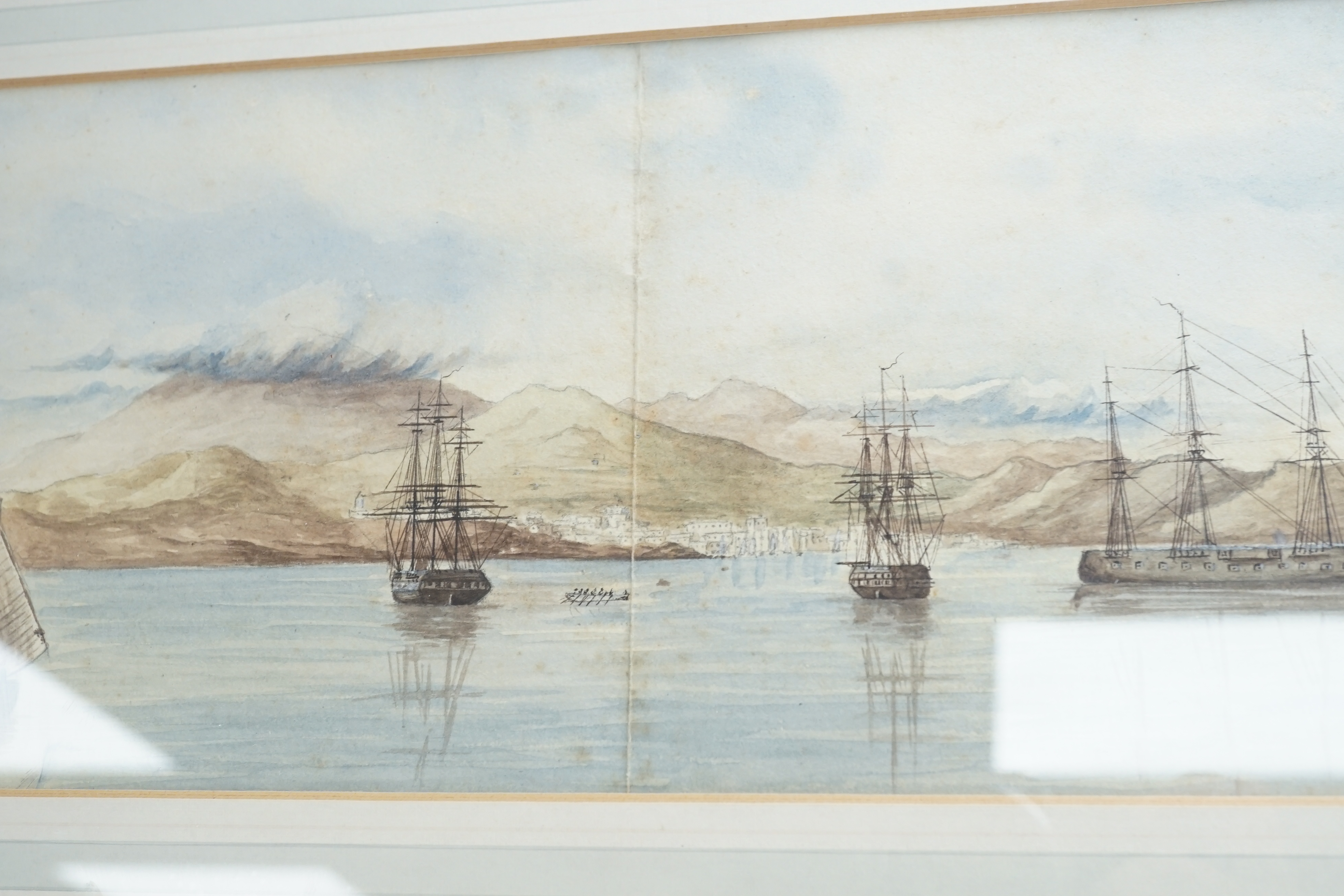 19th century English School, two watercolours, 'View of shipping moored at Pantelleria, March 27 1872' and 'St Jago', probably the work of a Naval officer, 15 x 43cm and 9 x 26cm